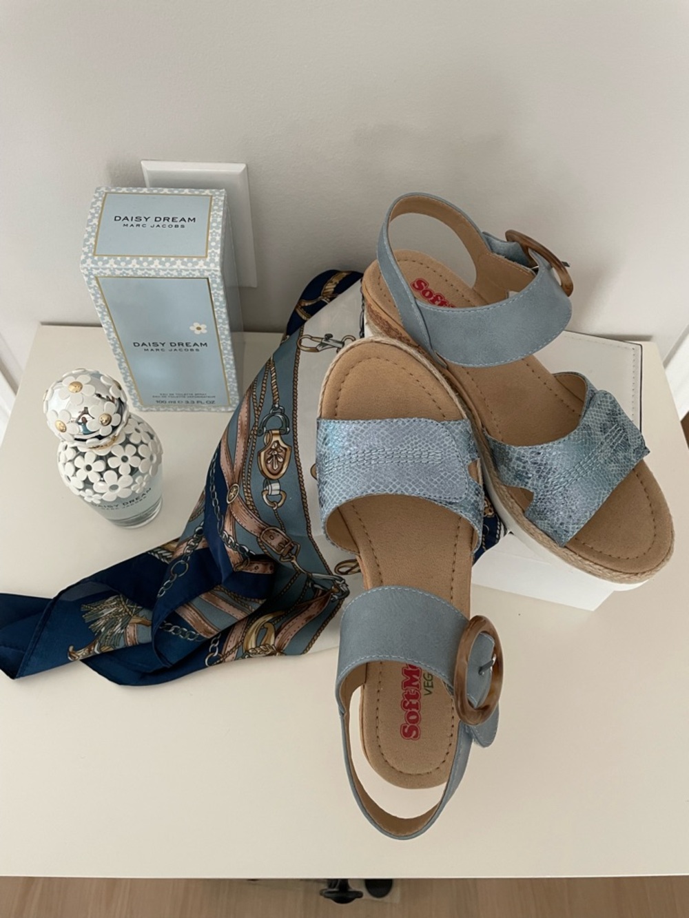Sofft Light Blue Wedge Sandals with Adjustable Buckle